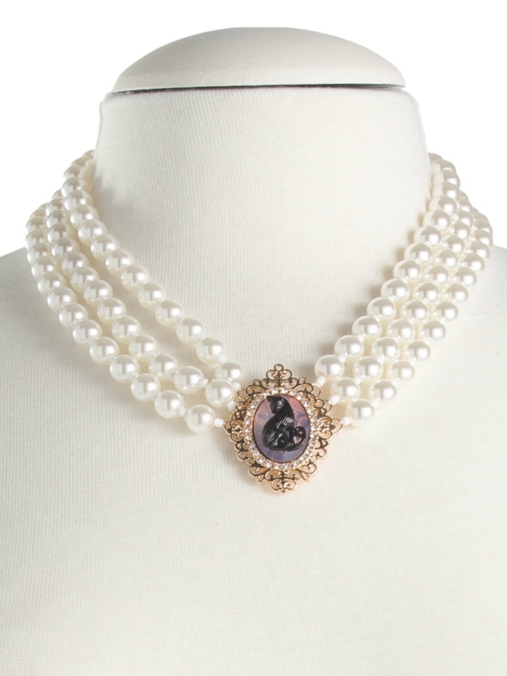 NWT Betsey Johnson cameo Black Cat Torsade Faux Pearl three strand Necklace